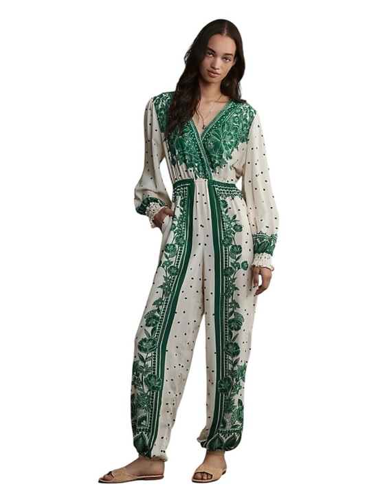 FARM Rio Pants - FARM RIO C ANTHROPOLOGIE Green & Cream Floral Dot Jumpsuit